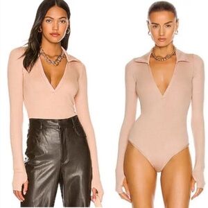 NWOT Alix NYC Monterey Ribbed Knit Polo Collar Bodysuit Beige Medium
